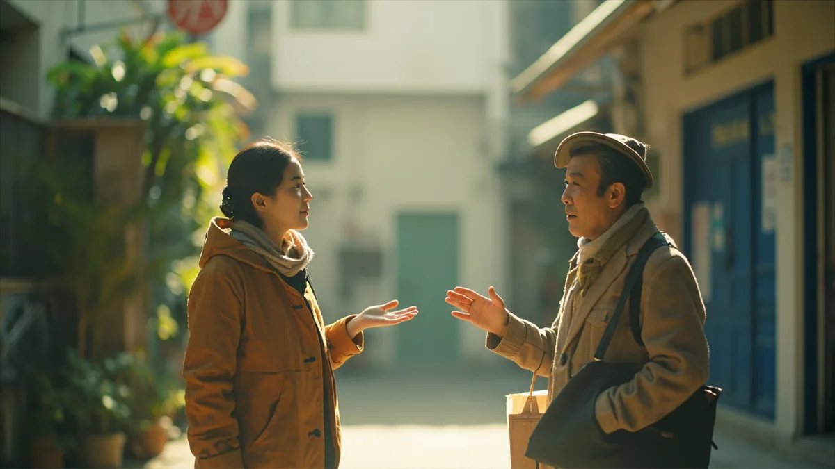 A person asks a local for directions to a grocery store, illustrating “is there a supermarket nearby” in Chinese: 这附近有超市吗？ (zhè fùjìn yǒu chāoshì ma?)