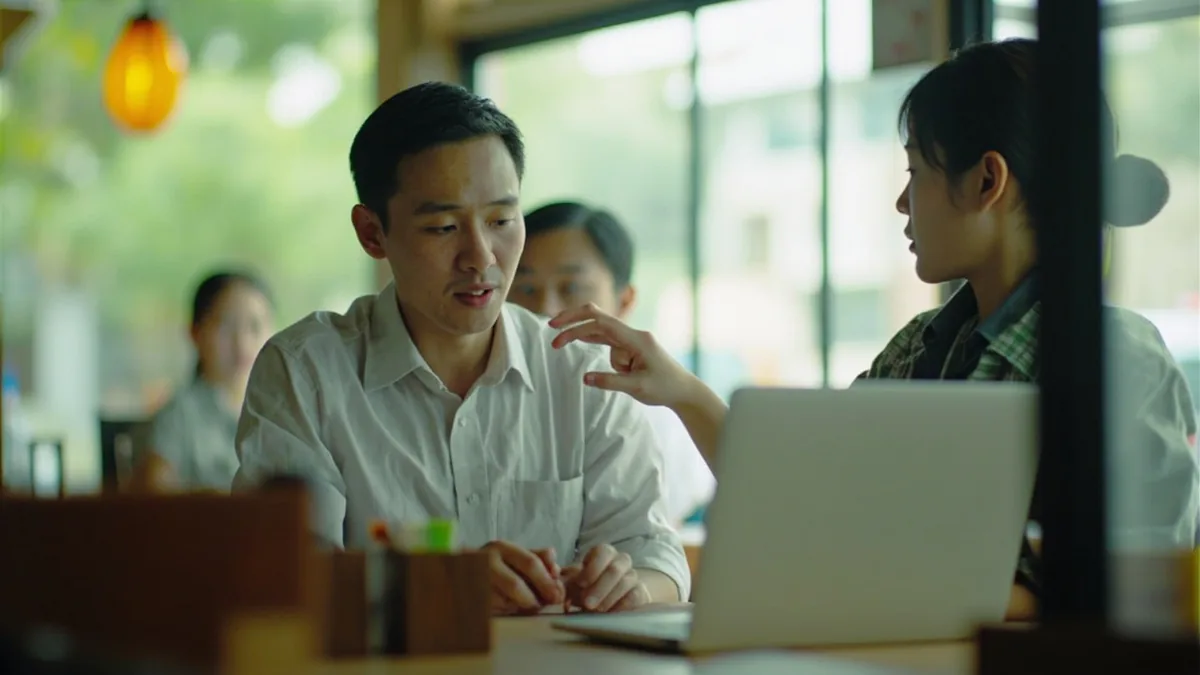 A person with a laptop asks a cafe server about internet access, illustrating “is there wifi” in Chinese: 有WiFi吗？ (yǒu WiFi ma?)