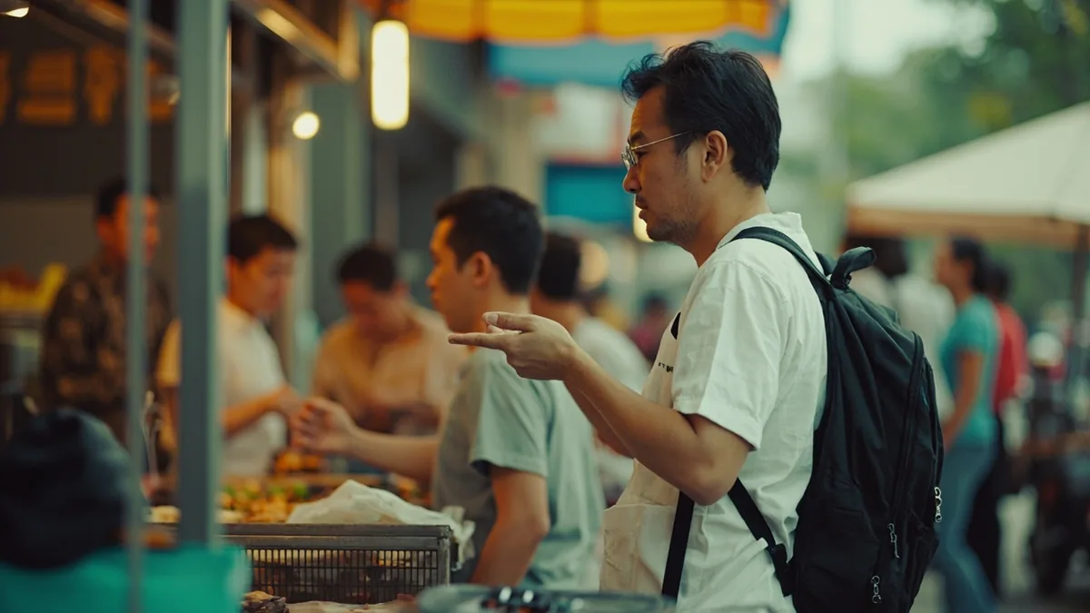A person approaches a group of people, asking if they are waiting in a queue, illustrating “is this the line” in Chinese: 排队吗？ (pái duì ma?)