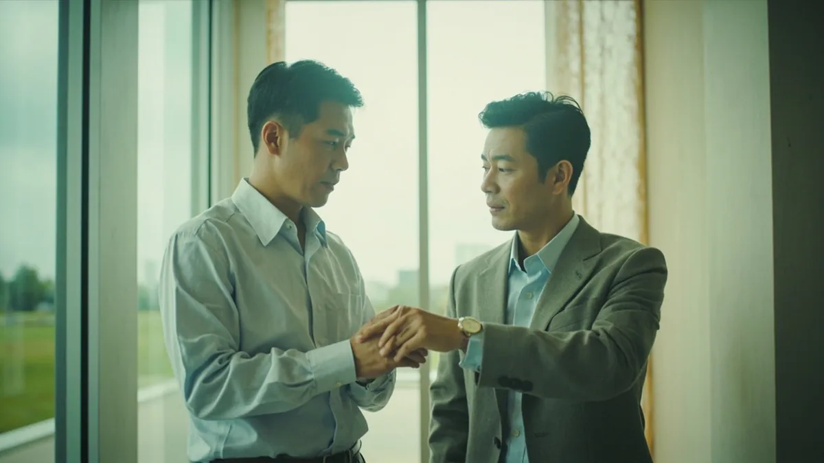 Two colleagues confirm a meeting time for the next day, illustrating “is tomorrow morning okay” in Chinese: 明天上午可以吗？ (míngtiān shàngwǔ kěyǐ ma?)