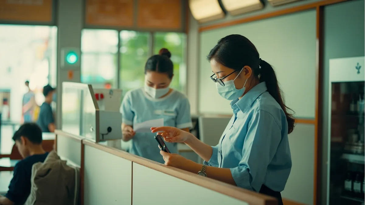 A customer at a service counter requests an official billing document, illustrating “issue us an invoice, please” in Chinese: 给我们开发票 (gěi wǒmen kāi fāpiào)
