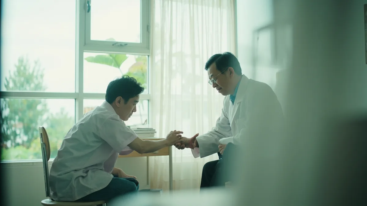 A patient points to a specific area on their arm while talking to a doctor, illustrating “it hurts here” in Chinese: 这里疼 (zhèli téng)