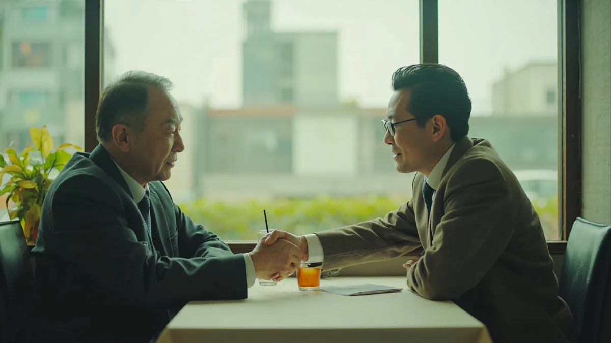 Two adults clasp hands firmly to signify a business agreement is settled, illustrating “it's a deal” in Chinese: 说定了 (shuō dìngle)