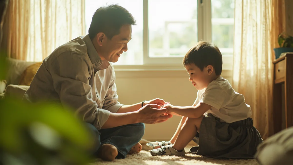 An adult gently reassures a child, indicating a minor scrape is healed, illustrating “it's all better now” in Chinese: 没事了 (méi shì le)
