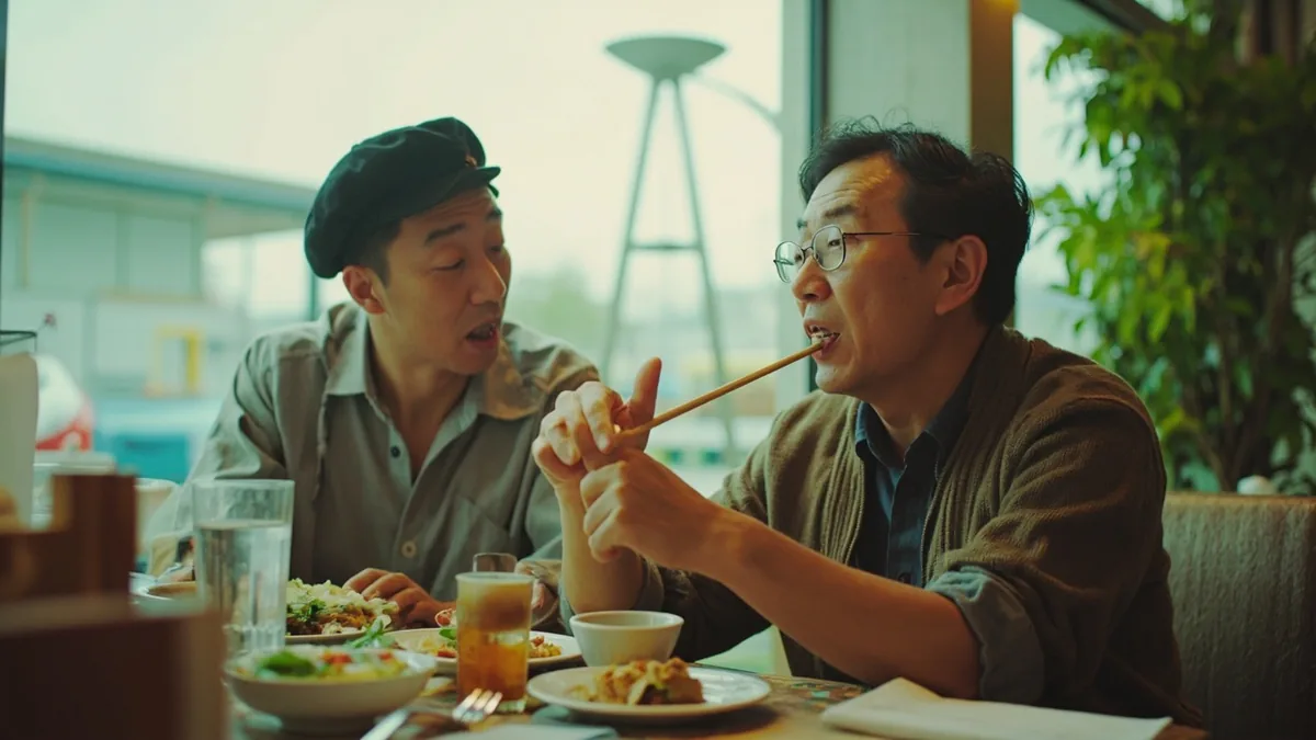 A person gives a neutral gesture about a dish they are eating, illustrating “it's alright” in Chinese: 还行 (hái xíng)