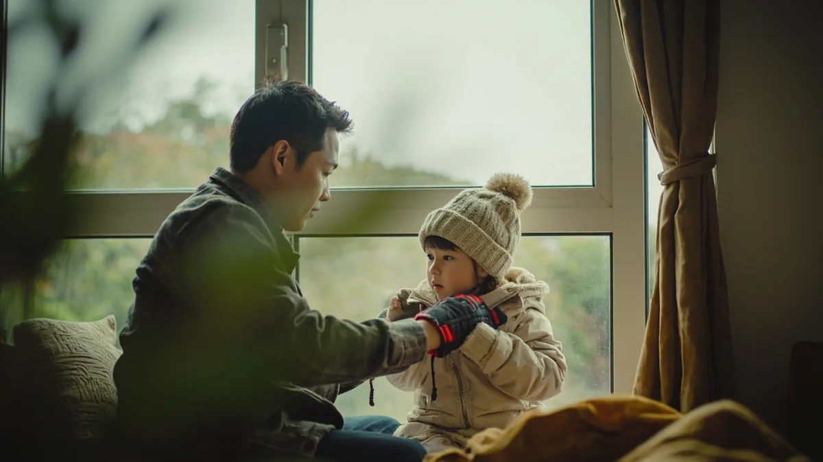 A child is bundled in warm clothes before going out into the cold, illustrating “it's cold outside” in Chinese: 外面很冷 (wàimiàn hěn lěng)