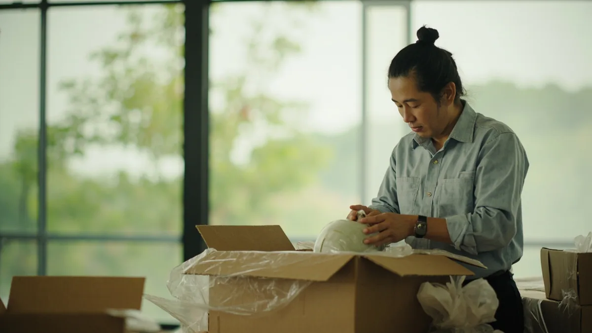 A person carefully places a delicate object into a shipping box, illustrating “it's fragile — please handle with care” in Chinese: 这是易碎品，请小心 (zhè shì yìsuìpǐn, qǐng xiǎoxīn)