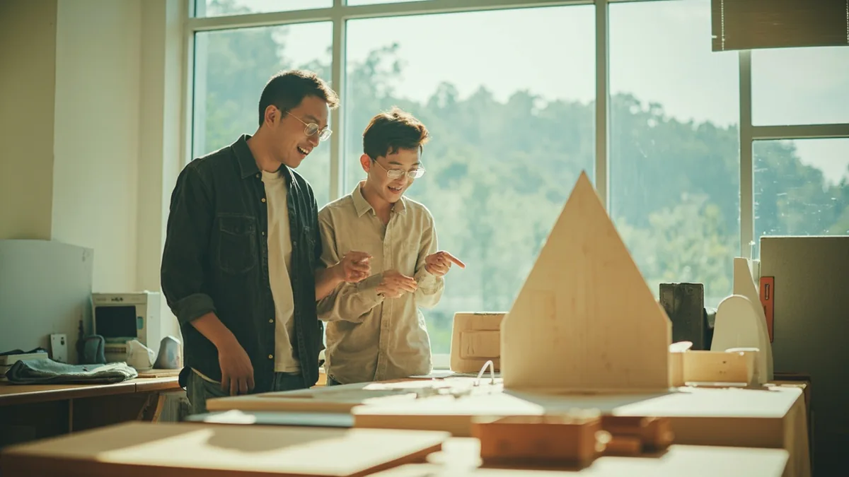 Two colleagues review a project model, looking satisfied with progress, illustrating “it's going according to plan” in Chinese: 按计划进行 (àn jìhuà jìnxíng)