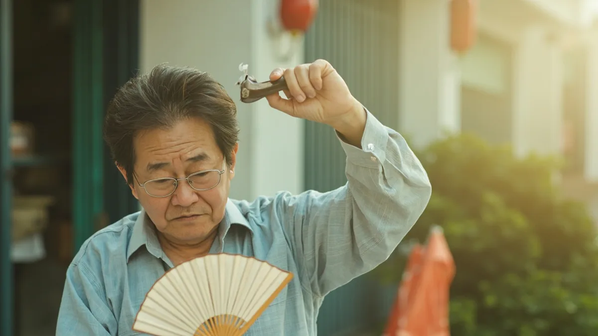 An adult on a sunny street fans their face with a hand, illustrating “it's hot today” in Chinese: 今天很热 (jīntiān hěn rè)