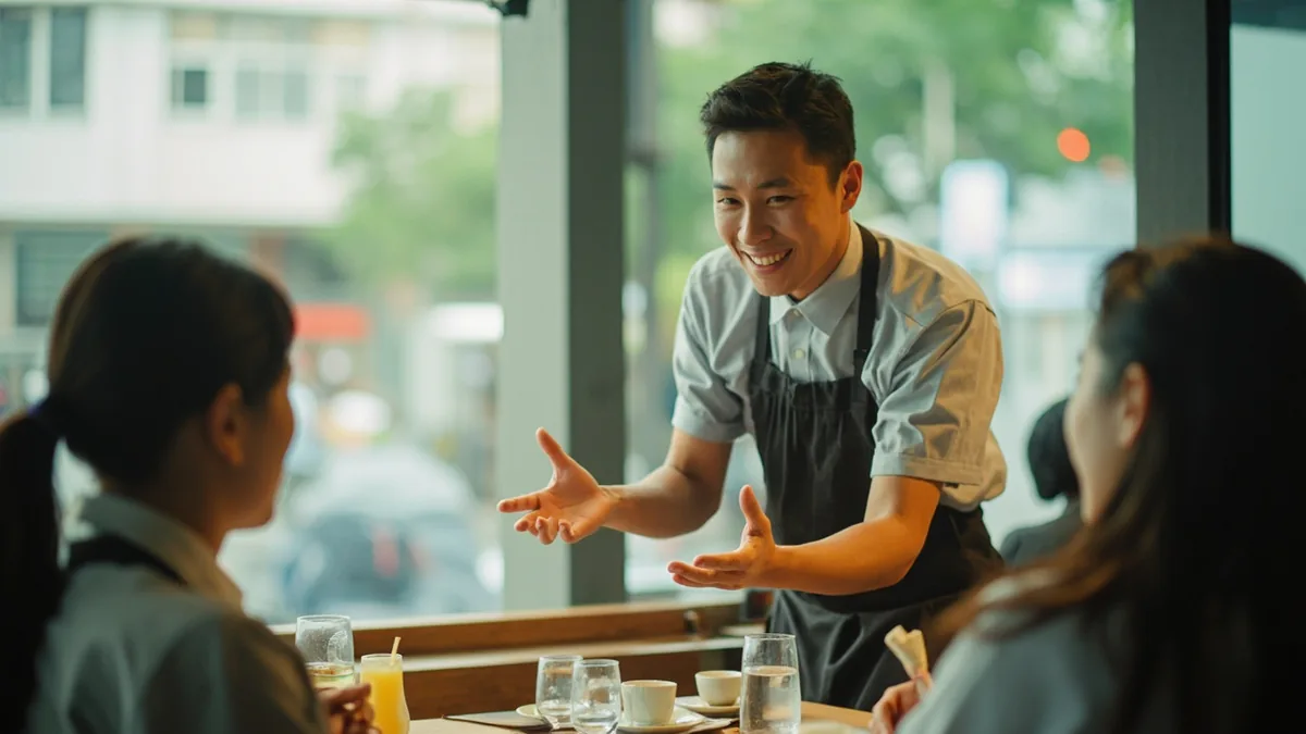A friendly cafe worker informs patrons about last orders at a table, illustrating “it's last call” in Chinese: 最后点单时间到了 (zuìhòu diǎndān shíjiān dàole.)