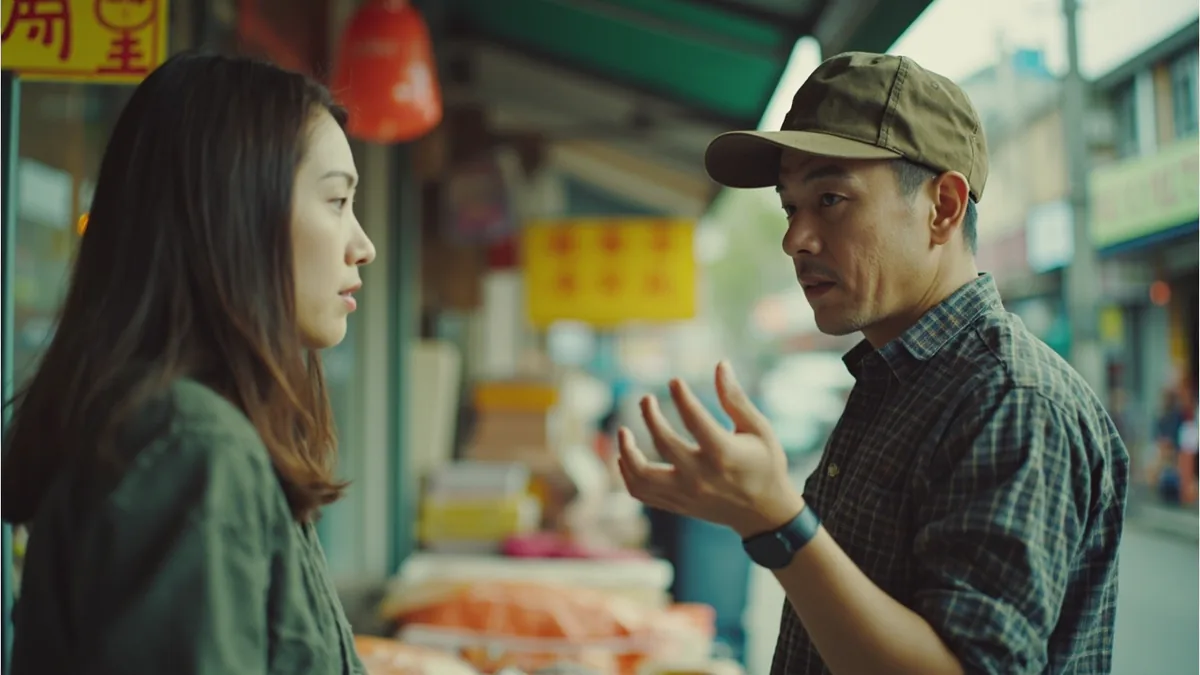 A vendor explains an item is unavailable with an empty hand gesture, illustrating “it's out of stock right now” in Chinese: 现在缺货 (xiànzài quēhuò)