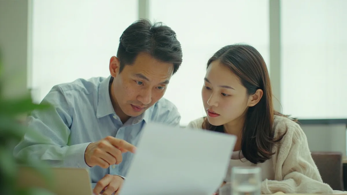 Two colleagues discuss a financial document with concerned expressions, illustrating “it's over budget” in Chinese: 超预算了 (chāo yùsuàn le)