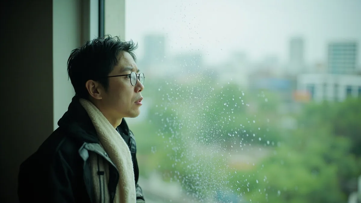 An adult looks out a window at unexpected rain beginning to fall, illustrating “it's raining” in Chinese: 下雨了 (xiàyǔ le)