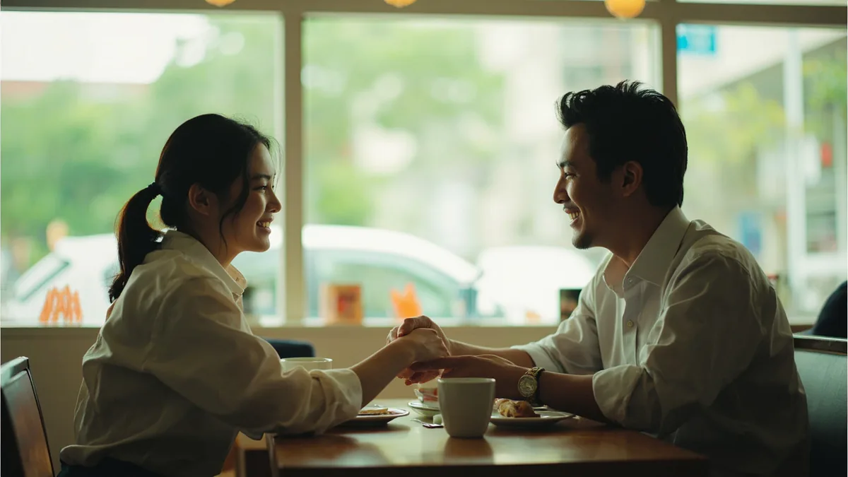 Two friends confirm a plan with a handshake at a cafe, illustrating “it's settled then” in Chinese: 约好了 (yuē hǎole)