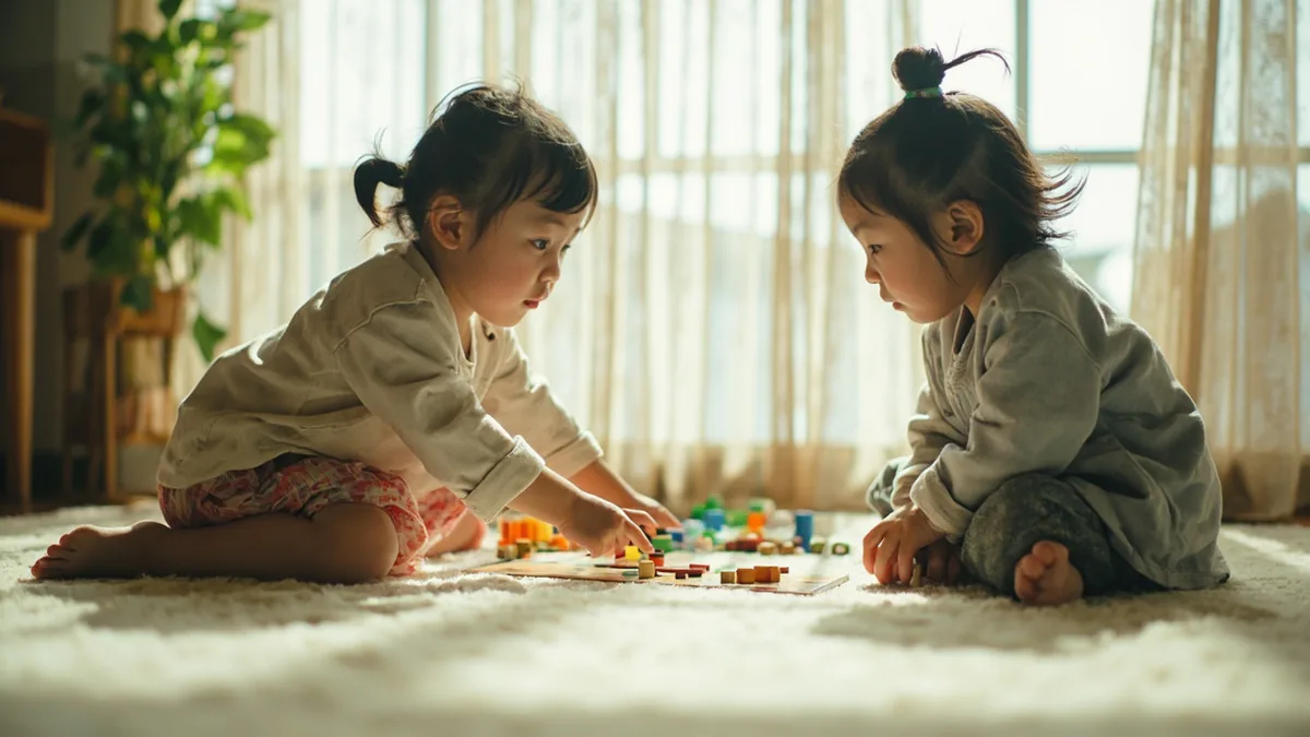 A child gestures to another, indicating it is their turn in a game, illustrating “it's your turn” in Chinese: 轮到你了 (lúndào nǐ le)