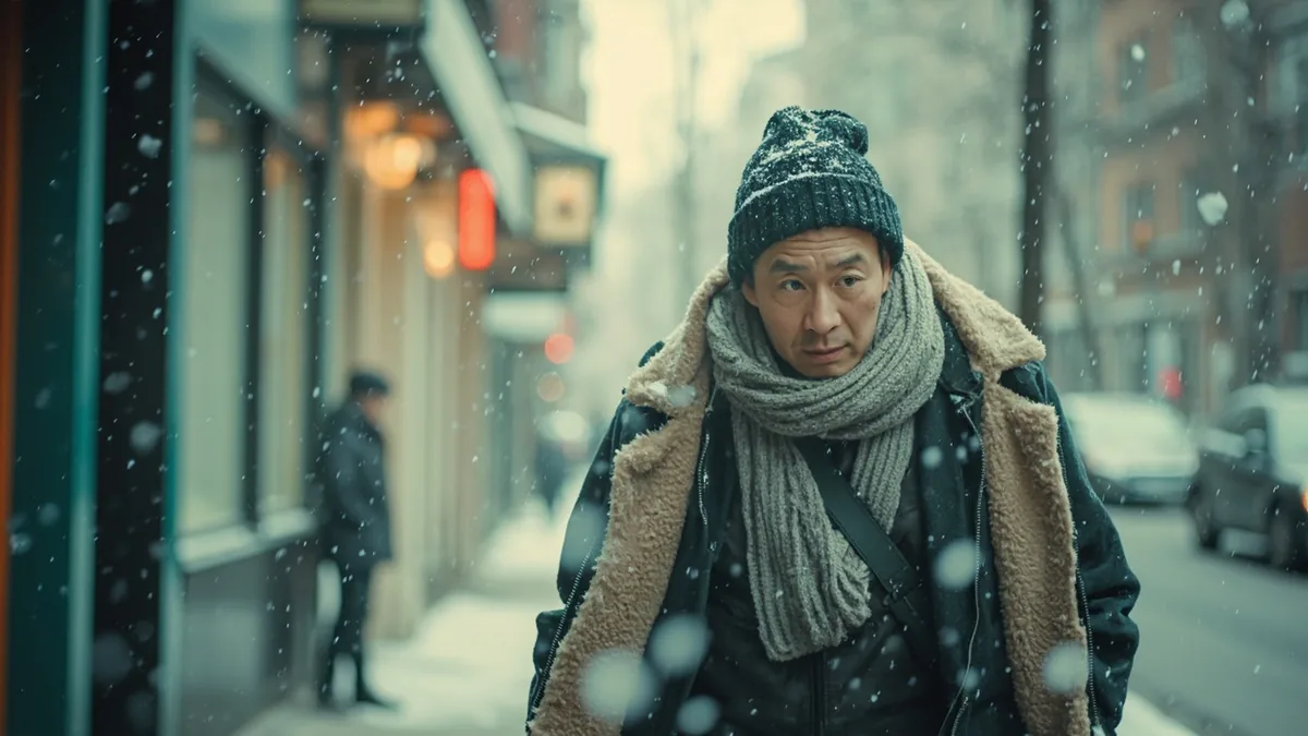 A bundled person walks through a light snowfall, illustrating “january” in Chinese: 一月 (yī yuè)