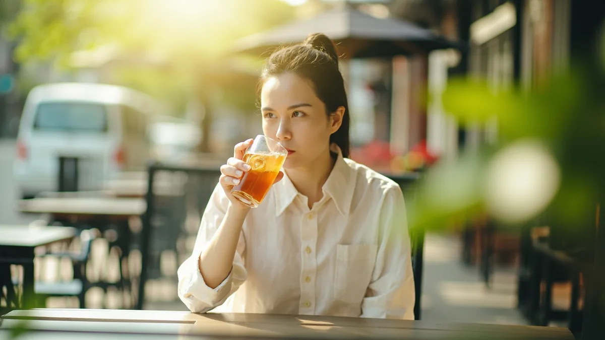 A person sips a cool drink on a hot summer day, illustrating “july” in Chinese: 七月 (qī yuè)