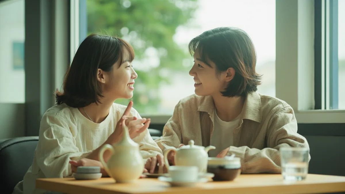 A young person playfully pokes another, then smiles to show they were just joking, illustrating “just kidding” in Chinese: 开玩笑的 (kāi wánxiào de)