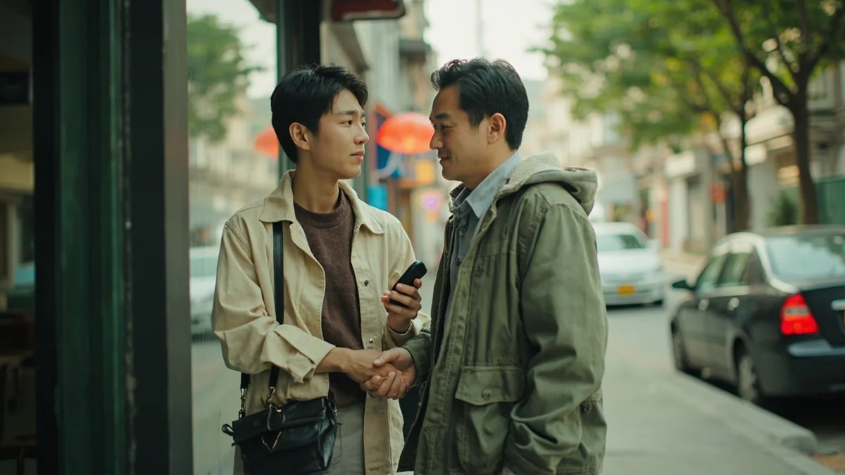 Two new acquaintances exchange contact information on a street corner, illustrating “keep in touch” in Chinese: 常联系 (cháng liánxì)