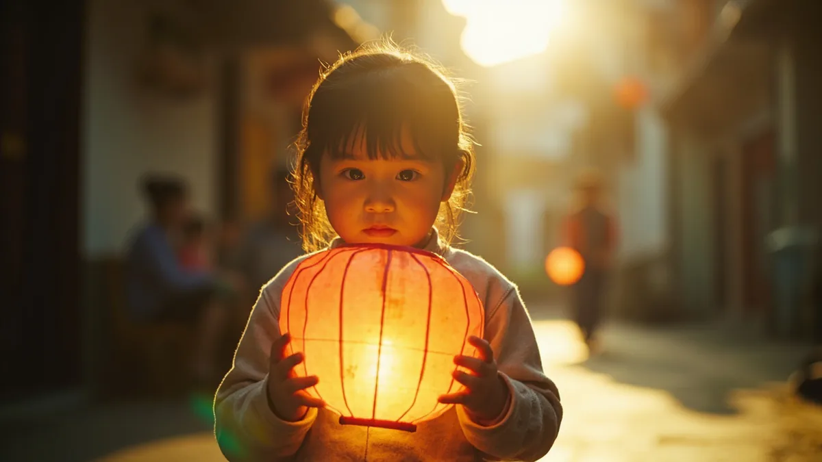 A child carefully carries a glowing paper lantern in the evening, illustrating “lantern festival” in Chinese: 元宵节 (Yuánxiāojié)
