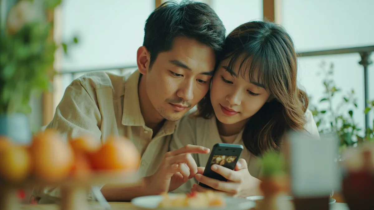 Two friends look at old photos on a phone screen together, illustrating “last year” in Chinese: 去年 (qùnián)