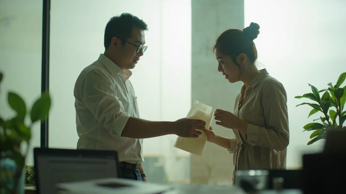 A confident coworker takes a challenging task from a worried colleague, illustrating “leave it to me” in Chinese: 交给我吧 (jiāo gěi wǒ ba)