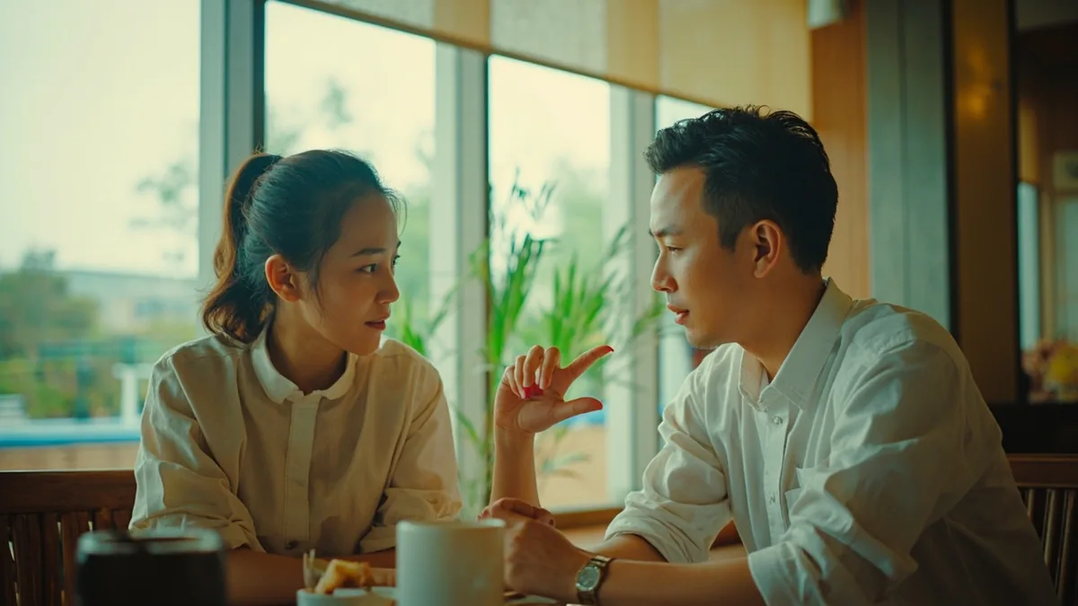 A diner politely speaks with a server about a food preparation request, illustrating “less salt, please” in Chinese: 少放盐 (shǎo fàng yán)