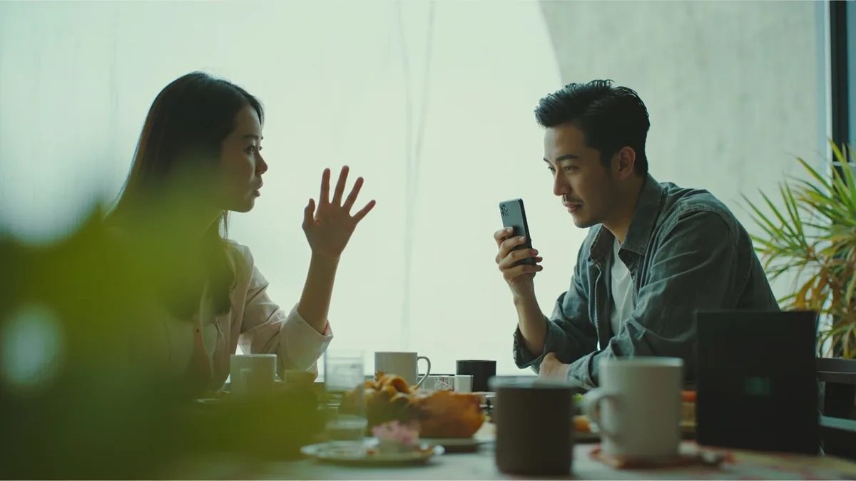 A person pauses a conversation to discreetly check their availability on a phone, illustrating “let me check my schedule” in Chinese: 我查一下日程 (wǒ chá yīxià rìchéng.)
