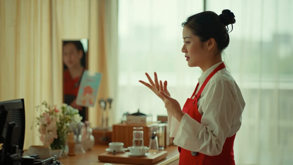 A hotel staff member politely assists a guest with their check-in process, illustrating “let me check you in” in Chinese: 帮您办理入住 (bāng nín bànlǐ rùzhù)