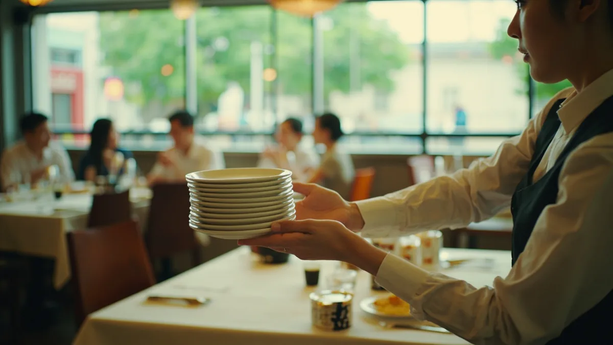 A waiter politely clears empty dishes from a restaurant table, illustrating “let me clear your plates” in Chinese: 我帮您收一下盘子 (wǒ bāng nín shōu yíxià pánzi)