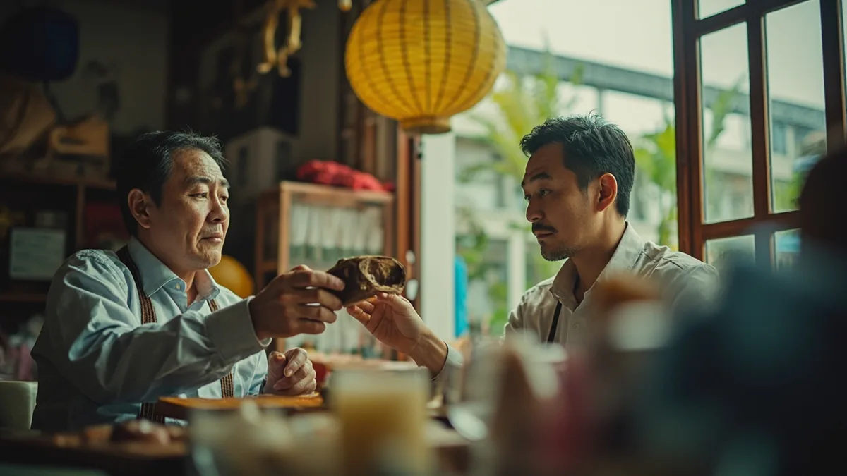 A person asks to examine a handcrafted item held by another person, illustrating “let me have a look” in Chinese: 给我看看 (gěi wǒ kànkan)