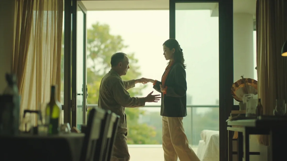 An adult politely escorts a guest toward an exit after a visit, illustrating “let me see you out” in Chinese: 我送您出去 (wǒ sòng nín chūqù)