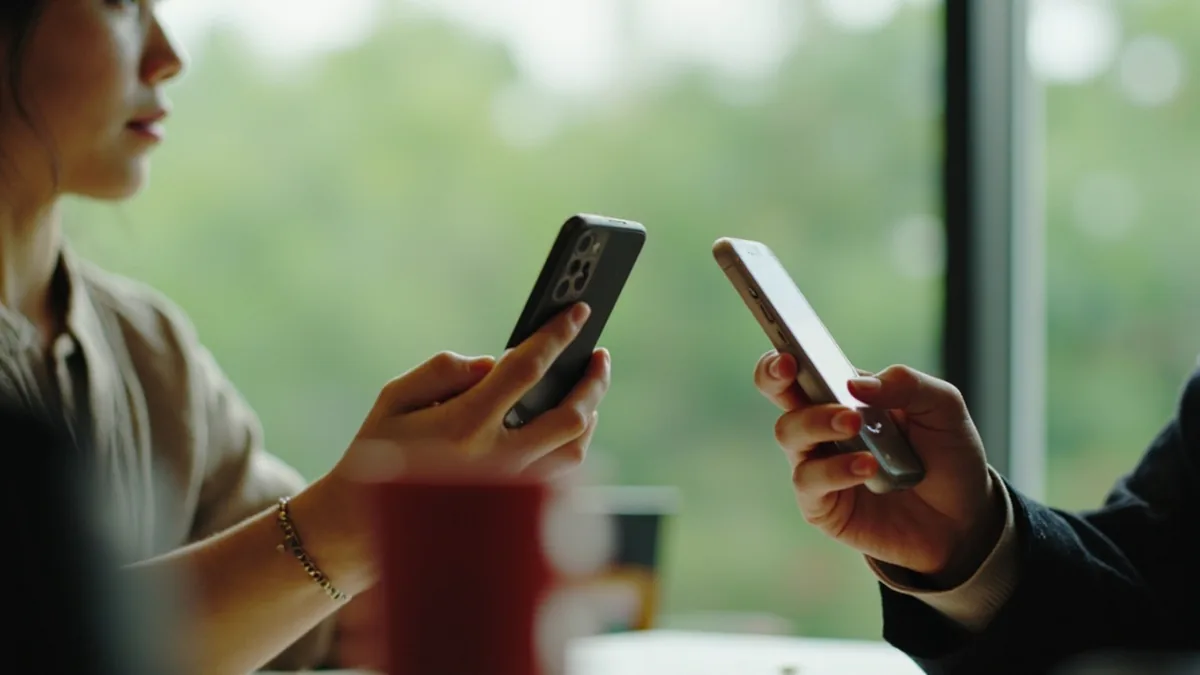 A man and woman make a connection with their mobile phones, illustrating “let's add each other on wechat” in Chinese: 加个微信吧 (jiā ge wēixìn ba)
