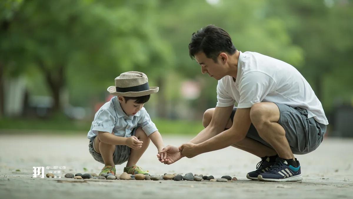 An adult and child point at several items to count them, illustrating “let's count” in Chinese: 数一数 (shǔ yī shǔ)