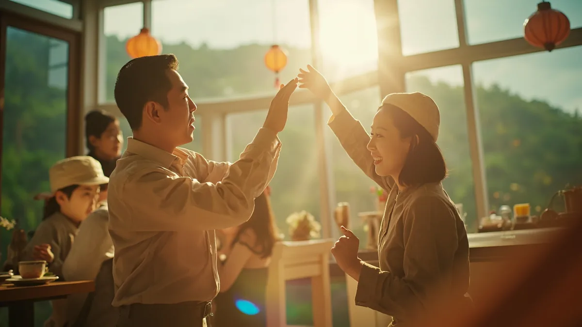 Two friends enthusiastically invite each other to dance at a lively gathering, illustrating “let's dance” in Chinese: 一起跳舞吧 (yīqǐ tiàowǔ ba)