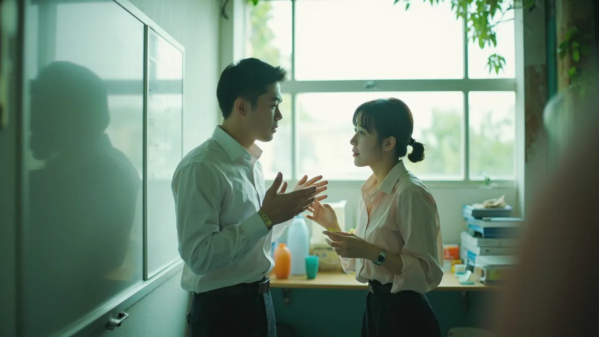 Two colleagues postpone discussing a complex project, illustrating “let's discuss it next time” in Chinese: 我们下次再讨论 (wǒmen xiàcì zài tǎolùn)