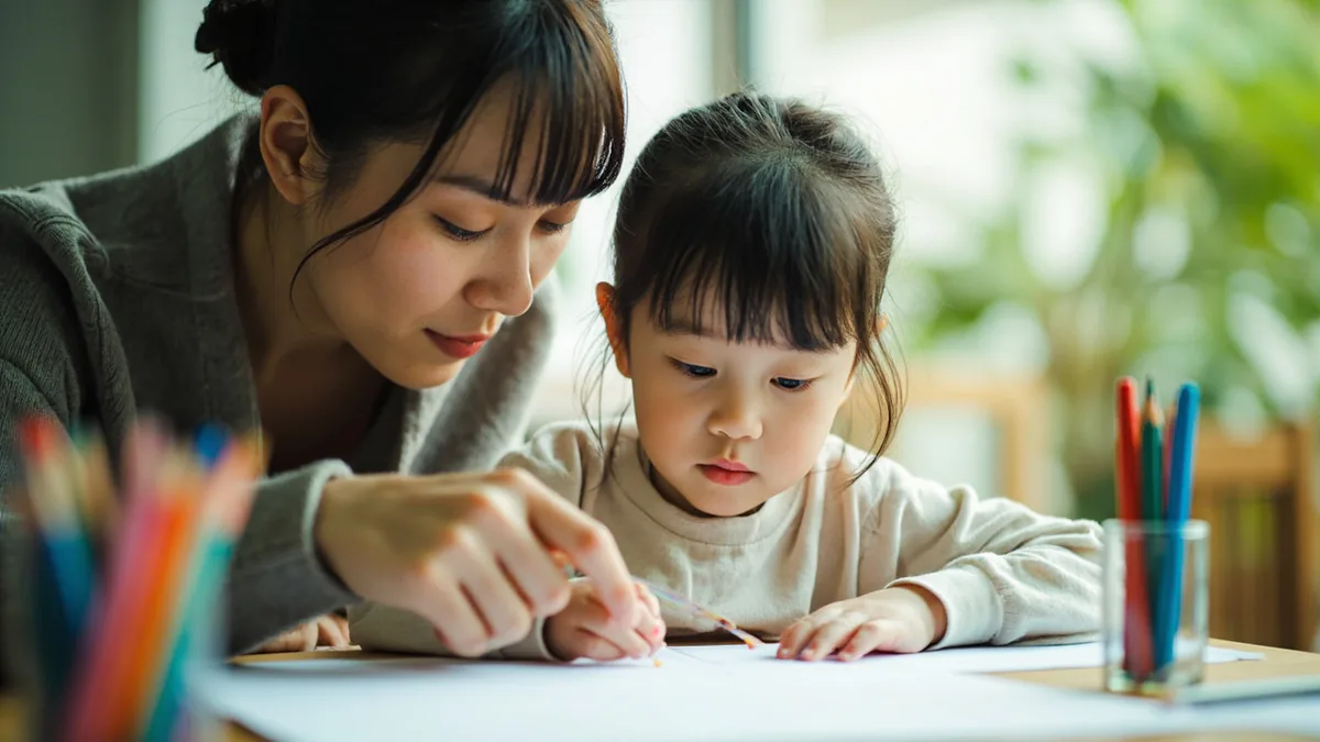 A parent points to drawing supplies, inviting a child to create art, illustrating “let's draw” in Chinese: 画画吧 (huàhuà ba)