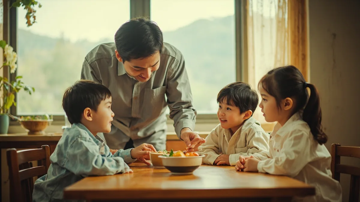 A family shares a meal together in their home kitchen, illustrating “let's eat together” in Chinese: 一起吃吧 (yīqǐ chī ba)