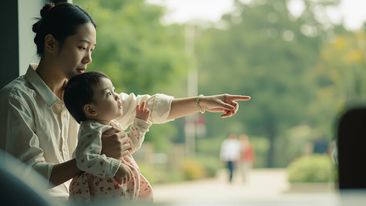 A parent points towards a park entrance, inviting a child to play, illustrating “let's go to the park” in Chinese: 去公园玩 (qù gōngyuán wán)