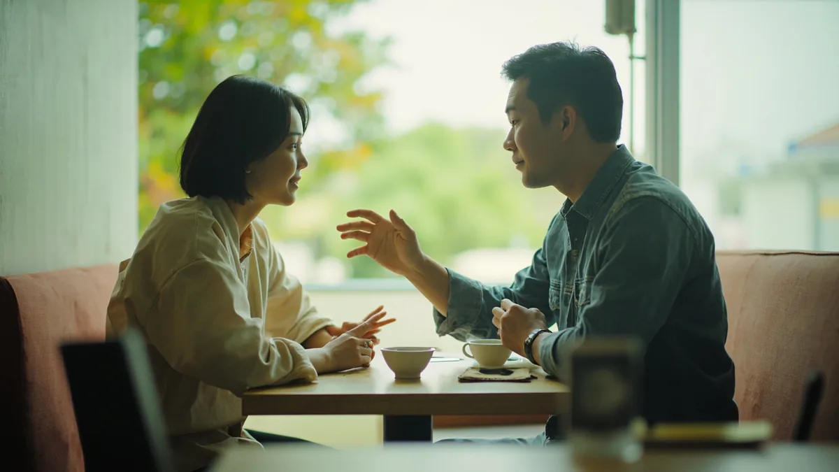 An adult friend gestures invitingly to another to share a meal, illustrating “let's have a meal together” in Chinese: 一起吃个饭吧 (yīqǐ chī ge fàn ba)