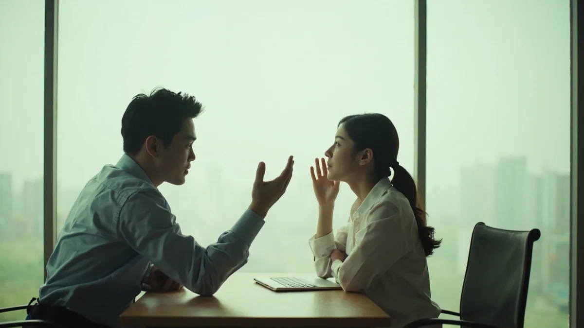 Two people conclude a discussion with a decisive gesture, illustrating “let's leave it at that” in Chinese: 就这样吧 (jiù zhèyàng ba)