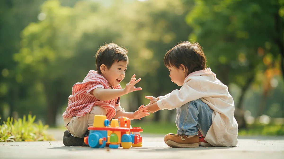 Two young children invite a friend to join their game in a park, illustrating “let's play together” in Chinese: 我们一起玩吧 (wǒmen yīqǐ wán ba)