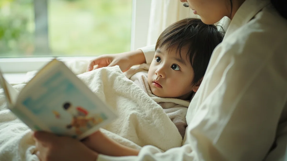 A child looks up at a parent, asking for a story before bed, illustrating “let's read a story” in Chinese: 讲个故事吧 (jiǎng gè gùshi ba)