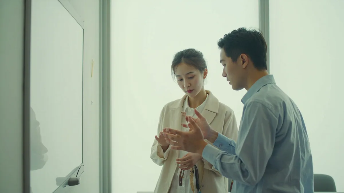 Two colleagues discuss their schedules to arrange a meeting time, illustrating “let's set up a time” in Chinese: 我们约个时间吧 (wǒmen yuē gè shíjiān ba)