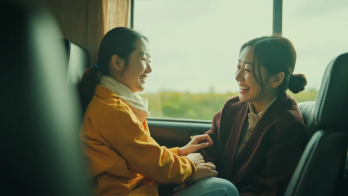 Friends in a car suggest singing a song to pass the time, illustrating “let's sing a song” in Chinese: 唱首歌吧 (chàng shǒu gē ba)