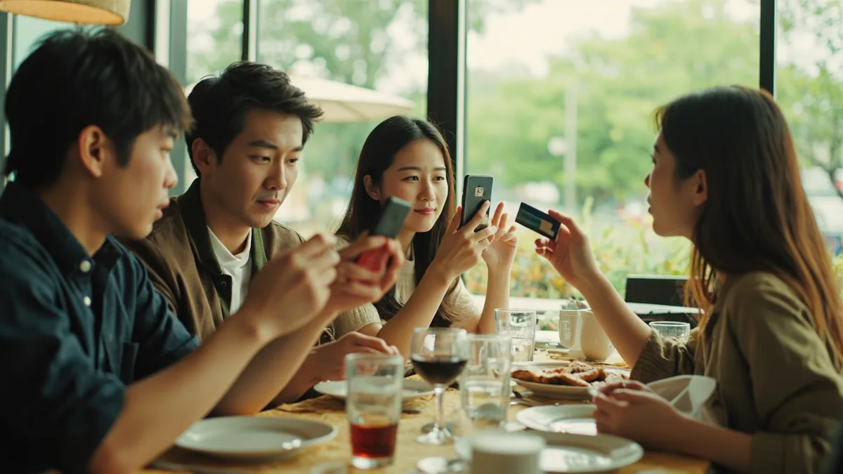 Friends at a restaurant each prepare to pay separately, illustrating “let's split the bill” in Chinese: AA制吧 (AA zhì ba)