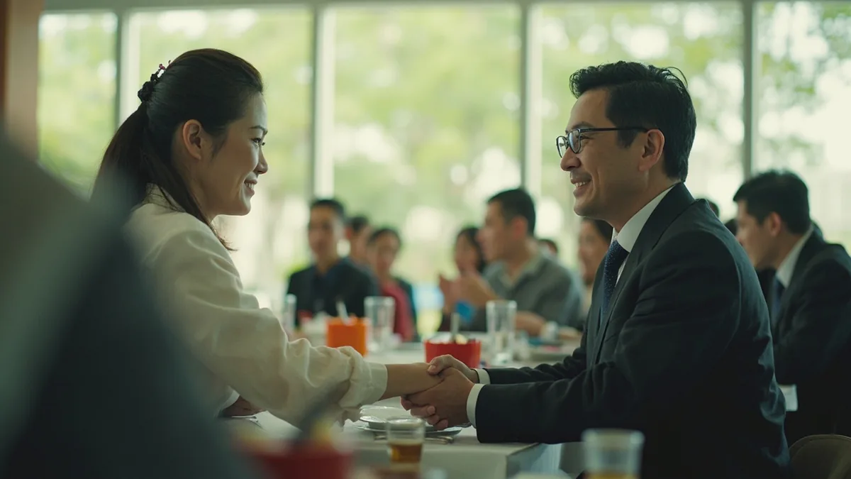 Two professionals exchange contact information at a networking event, illustrating “let's stay in touch” in Chinese: 保持联系 (bǎochí liánxì)