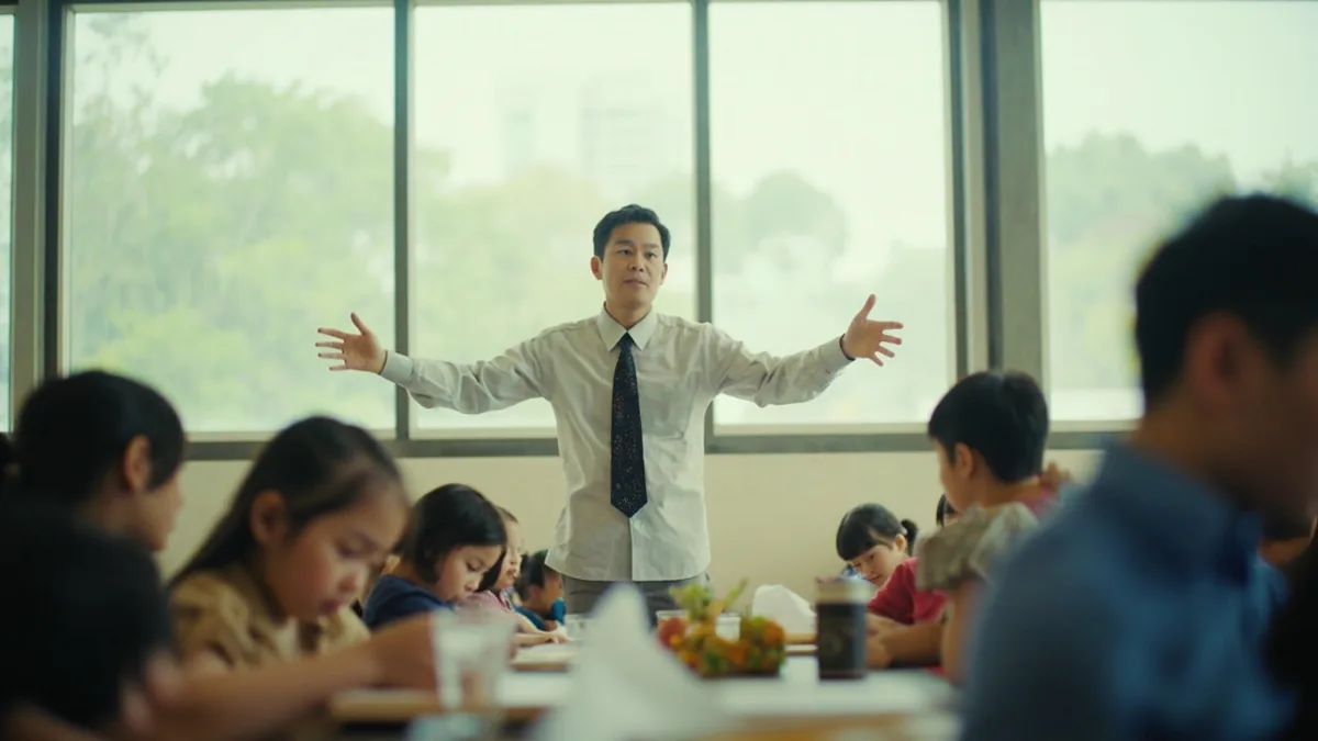 A teacher announces the end of class for the day to students, illustrating “let's stop here for today” in Chinese: 今天就到这里 (jīntiān jiù dào zhèlǐ)