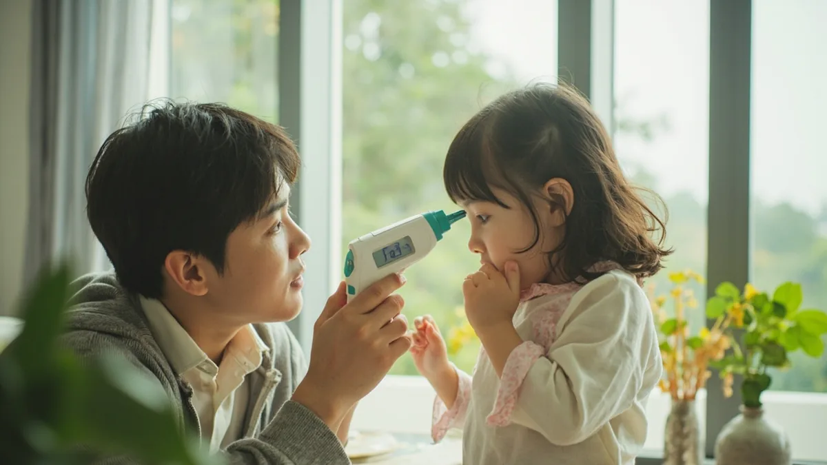 A parent gently takes their child's temperature with a thermometer, illustrating “let's take your temperature” in Chinese: 量体温 (liáng tǐwēn)