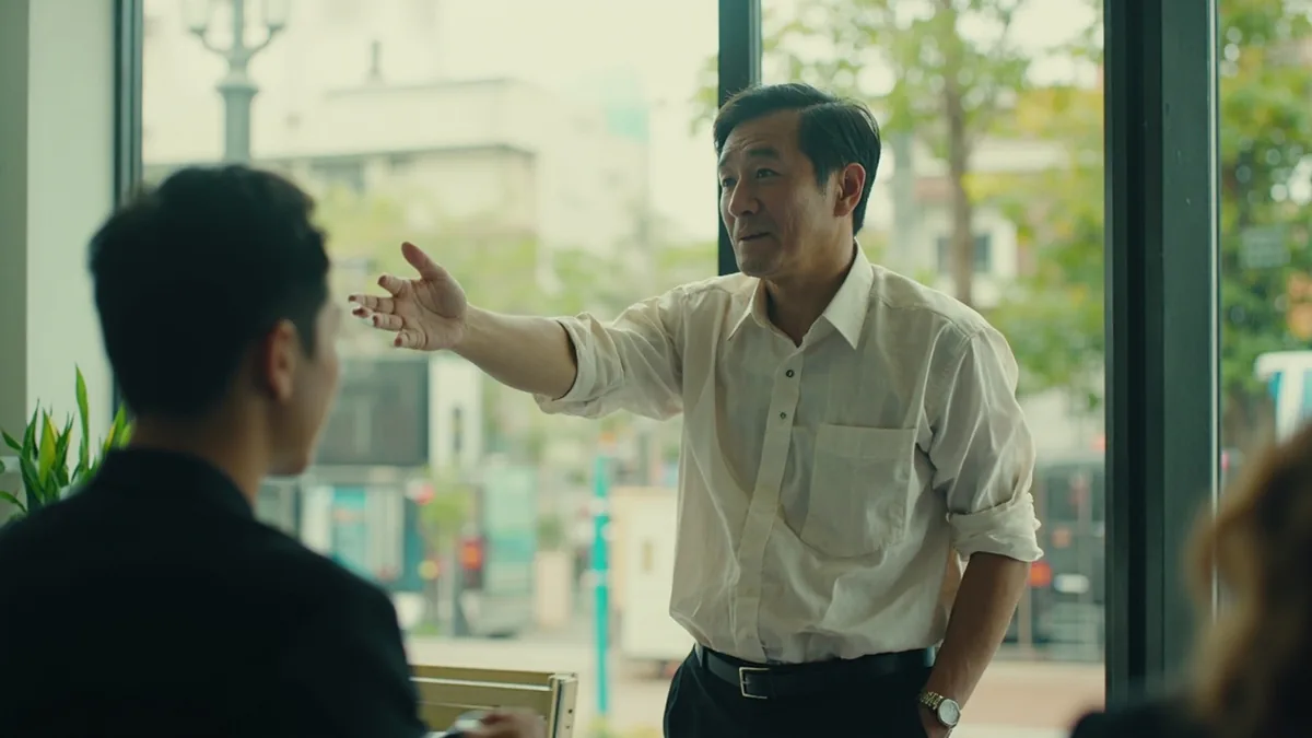 A friend gestures for another to leave a cafe and head out, illustrating “let's go” in Chinese: 走吧 (zǒu ba)